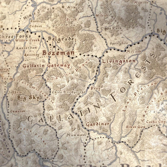 Montana wall map done in fantasy art style for home and office decor.