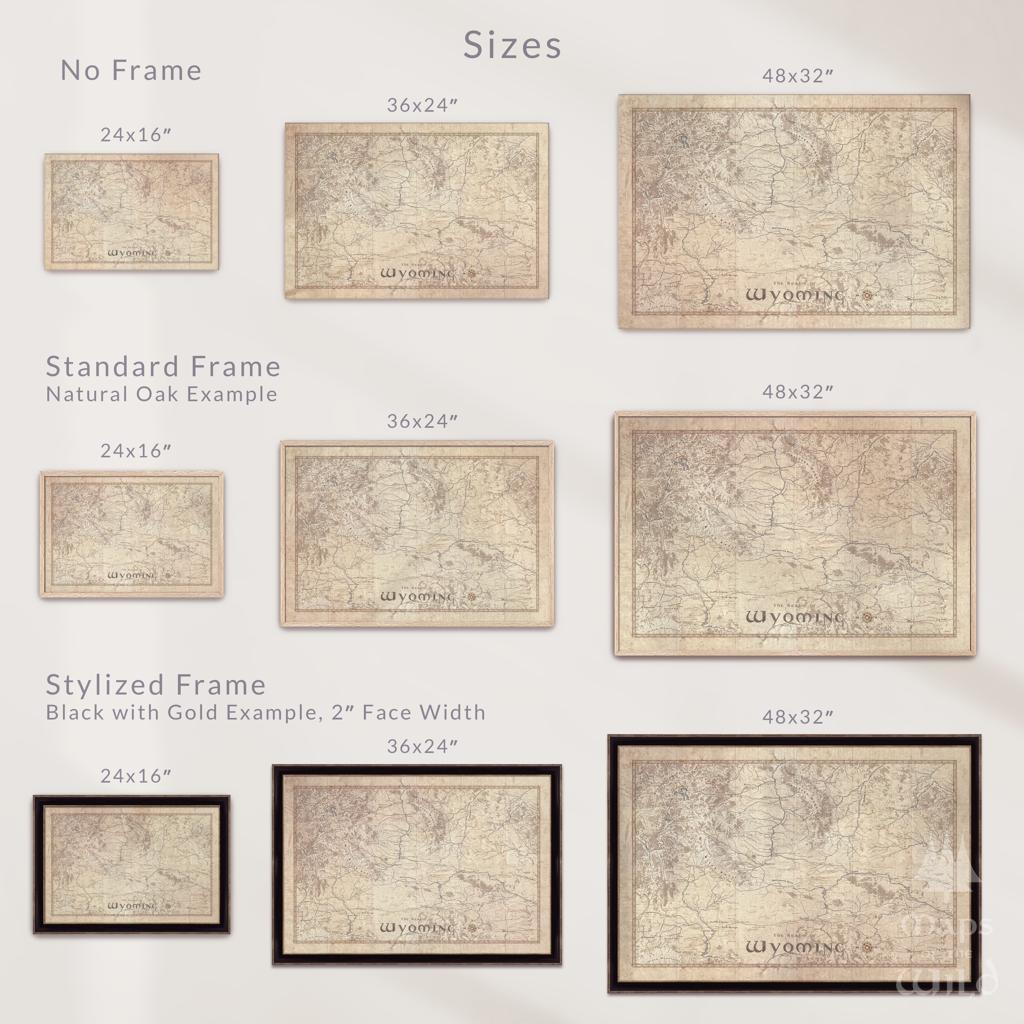 Wyoming wall map done in fantasy art style for home and office decor.