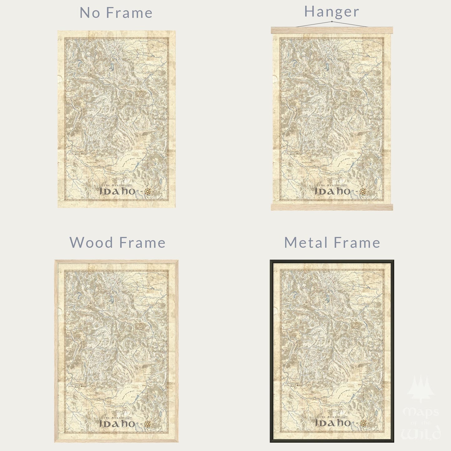 Idaho wall map done in fantasy art style for home and office decor.