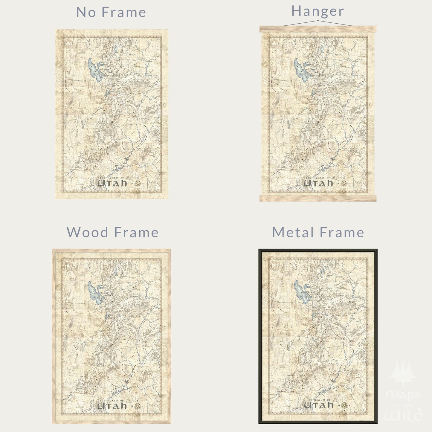 Utah wall map done in fantasy art style for home and office decor.