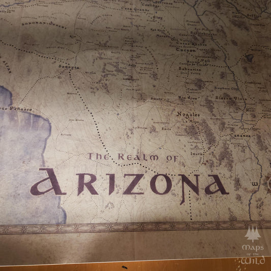 Arizona wall map done in fantasy art style for home and office decor.