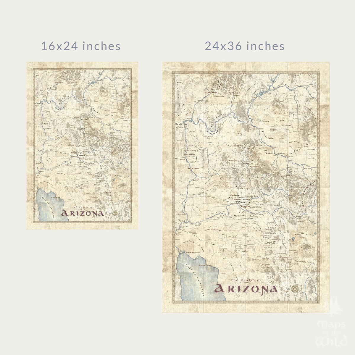 Arizona wall map done in fantasy art style for home and office decor.