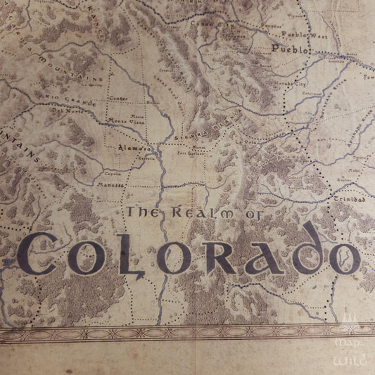 Colorado wall map done in fantasy art style for home and office decor.