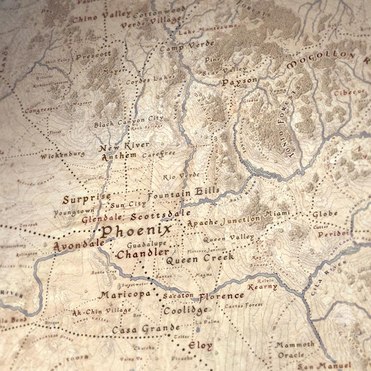 Arizona wall map done in fantasy art style for home and office decor.
