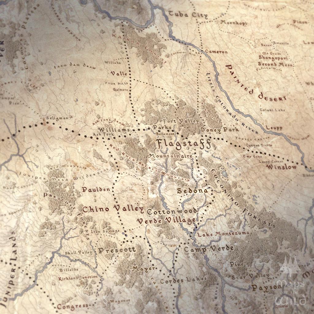 Arizona wall map done in fantasy art style for home and office decor.