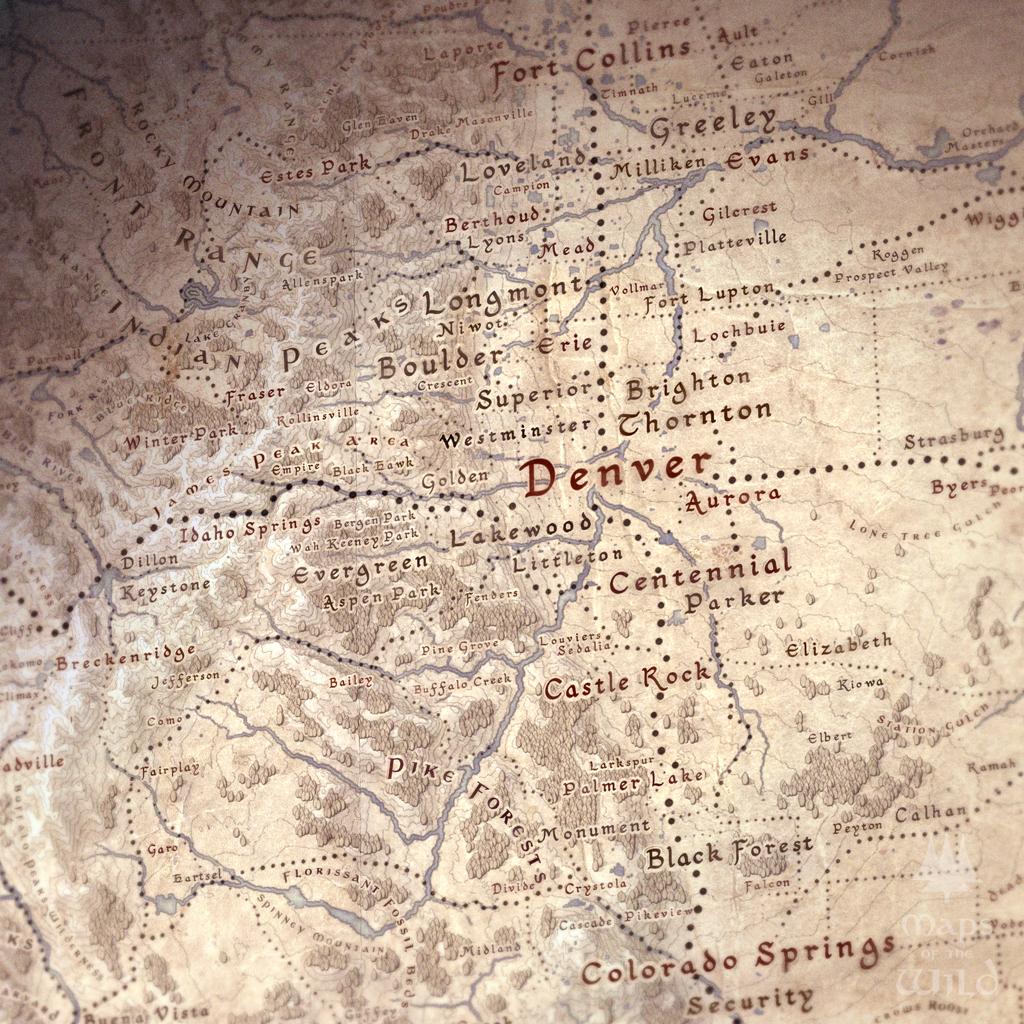 Colorado wall map done in fantasy art style for home and office decor.