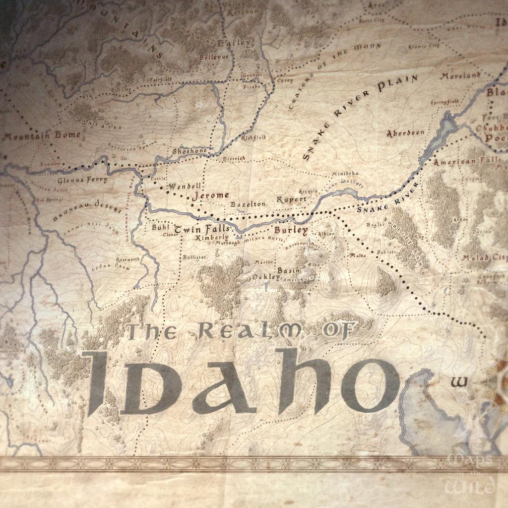 Idaho wall map done in fantasy art style for home and office decor.