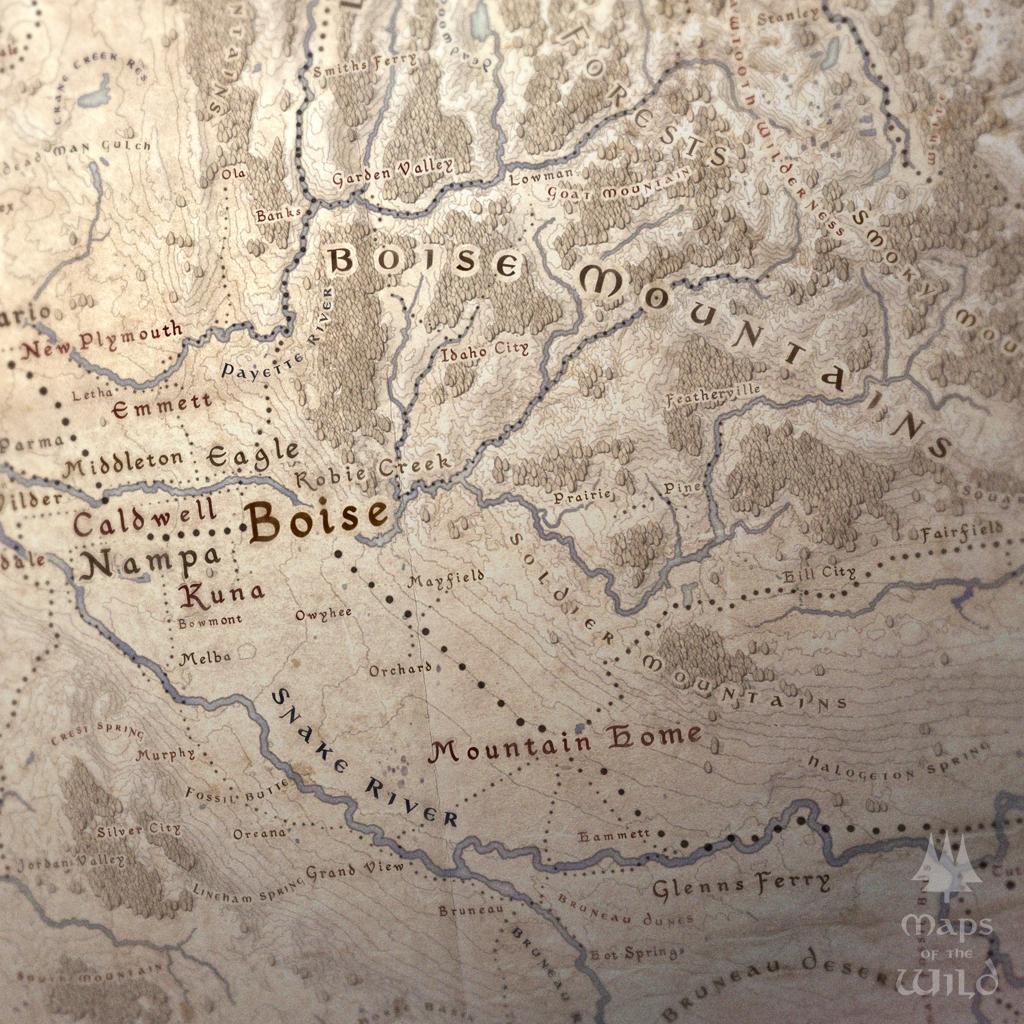 Idaho wall map done in fantasy art style for home and office decor.