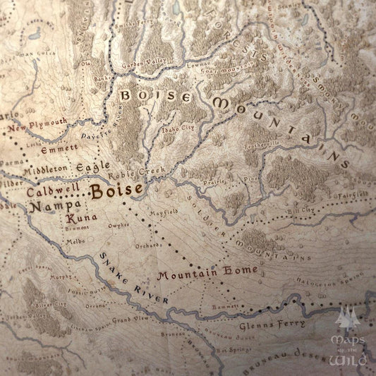 Idaho wall map done in fantasy art style for home and office decor.