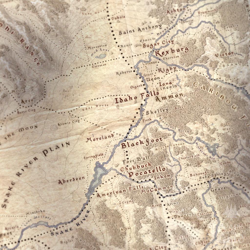 Idaho wall map done in fantasy art style for home and office decor.