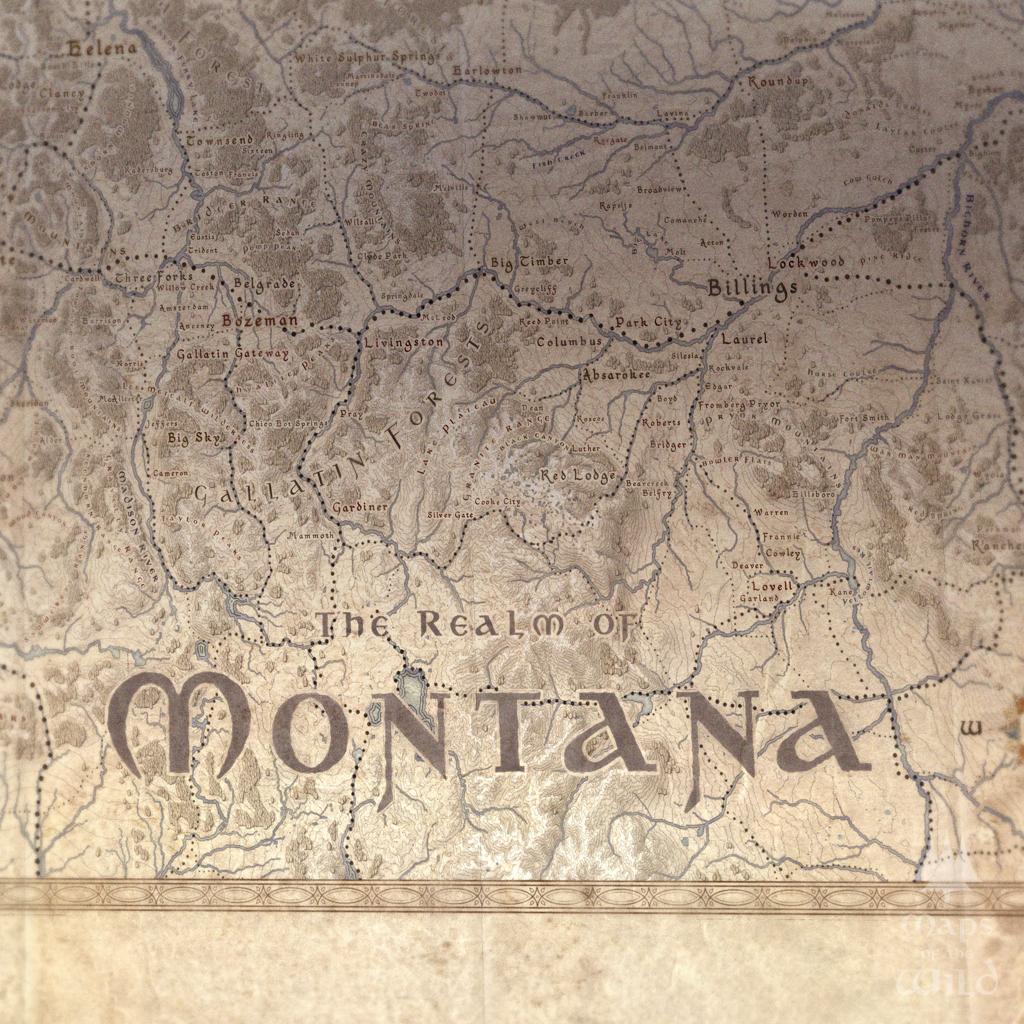 Montana wall map done in fantasy art style for home and office decor.