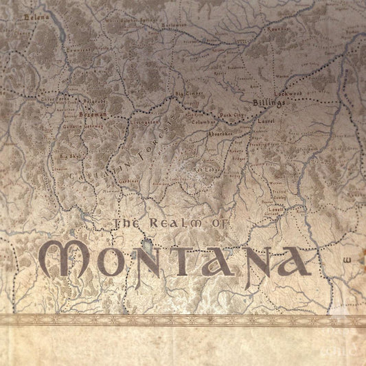 Montana wall map done in fantasy art style for home and office decor.