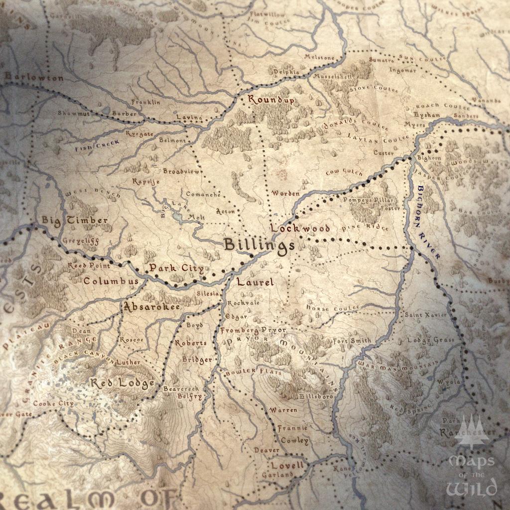 Montana wall map done in fantasy art style for home and office decor.
