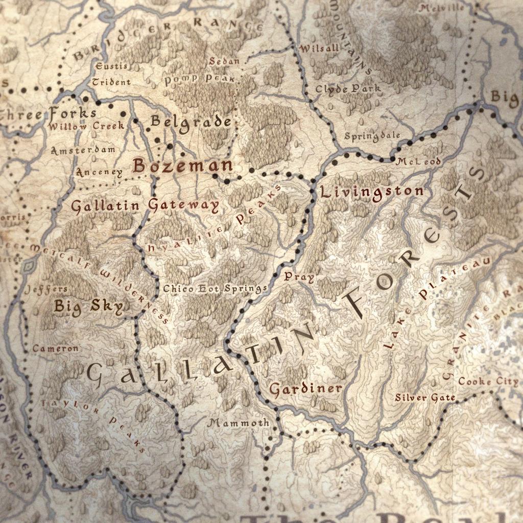 Montana wall map done in fantasy art style for home and office decor.