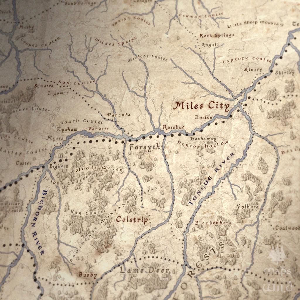 Montana wall map done in fantasy art style for home and office decor.