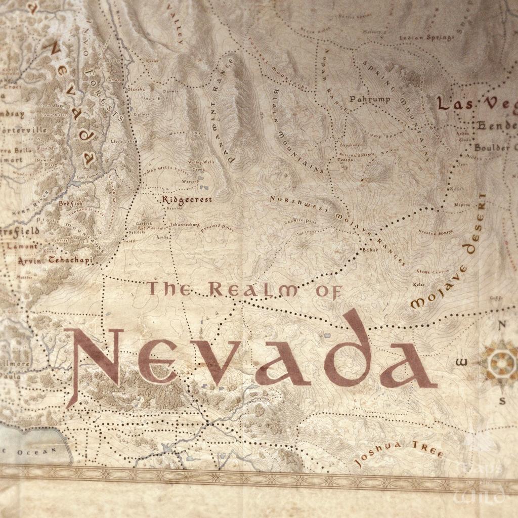 Nevada wall map done in fantasy art style for home and office decor.