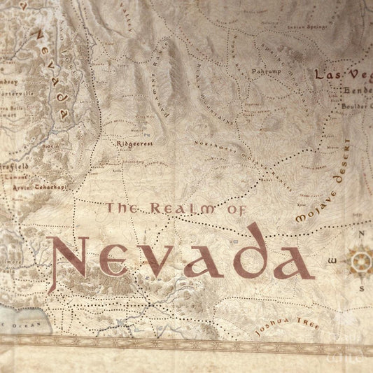 Nevada wall map done in fantasy art style for home and office decor.