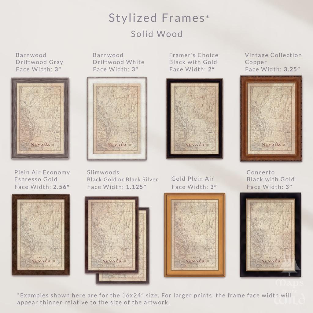 Nevada wall map done in fantasy art style for home and office decor.