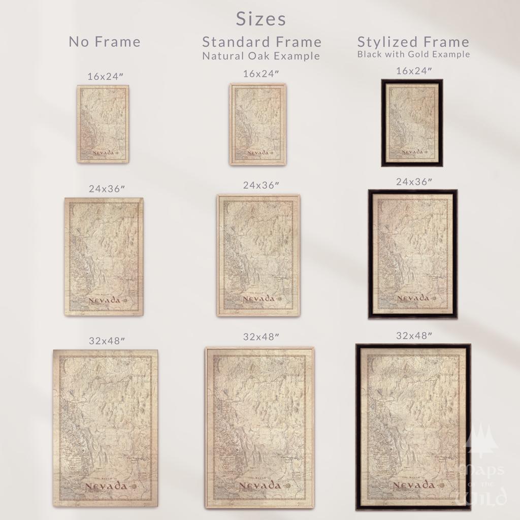 Nevada wall map done in fantasy art style for home and office decor.