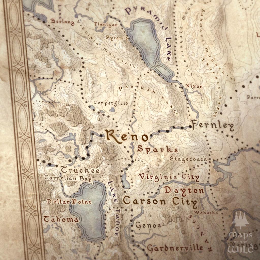 Nevada wall map done in fantasy art style for home and office decor.