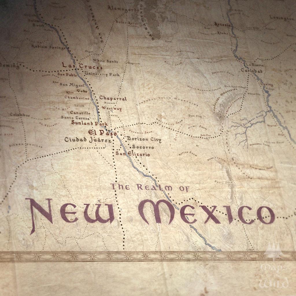 New Mexico wall map done in fantasy art style for home and office decor.
