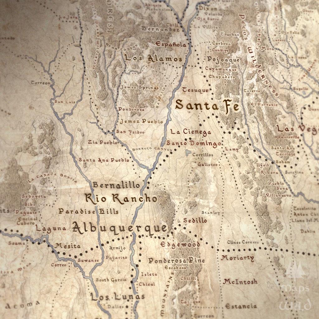 New Mexico wall map done in fantasy art style for home and office decor.