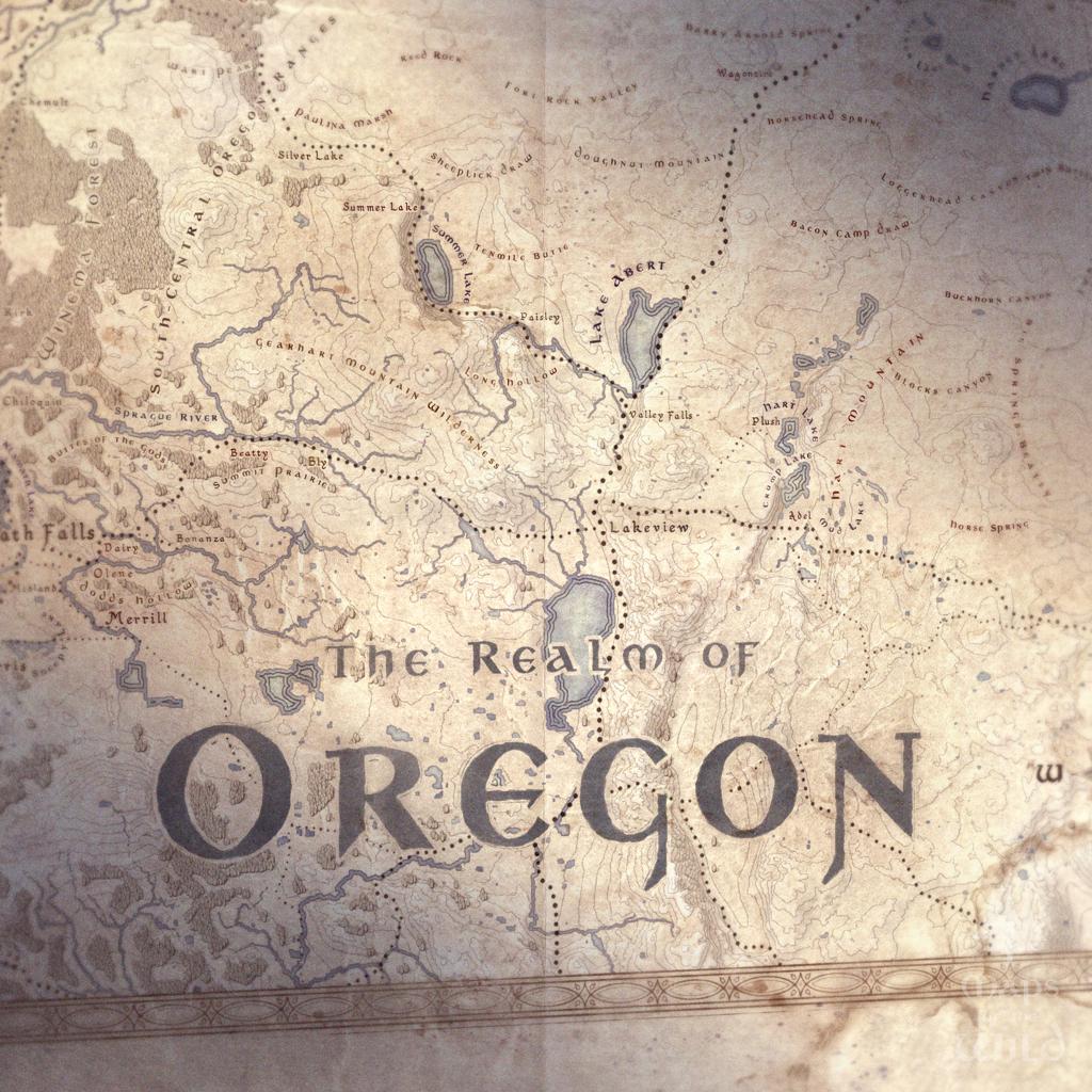Oregon wall map done in fantasy art style for home and office decor.