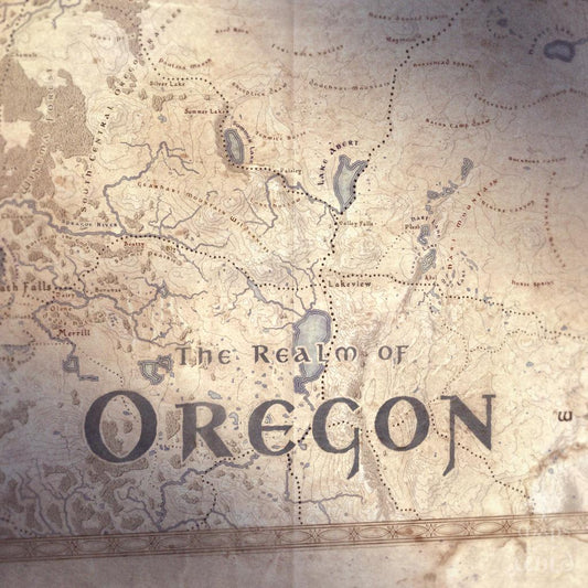 Oregon wall map done in fantasy art style for home and office decor.