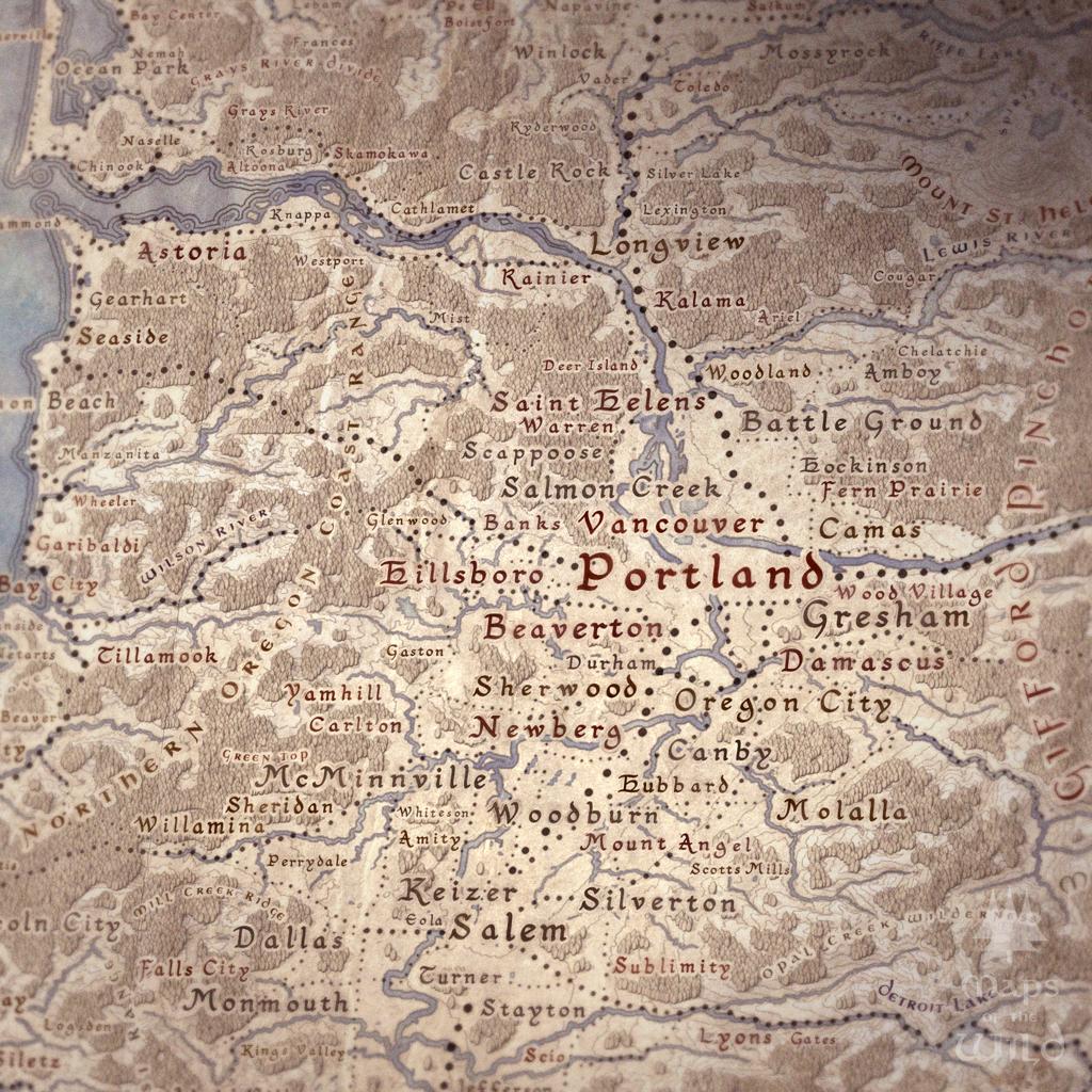 Oregon wall map done in fantasy art style for home and office decor.