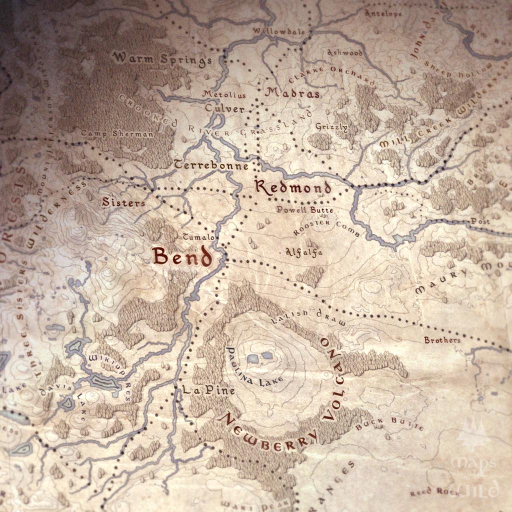 Oregon wall map done in fantasy art style for home and office decor.