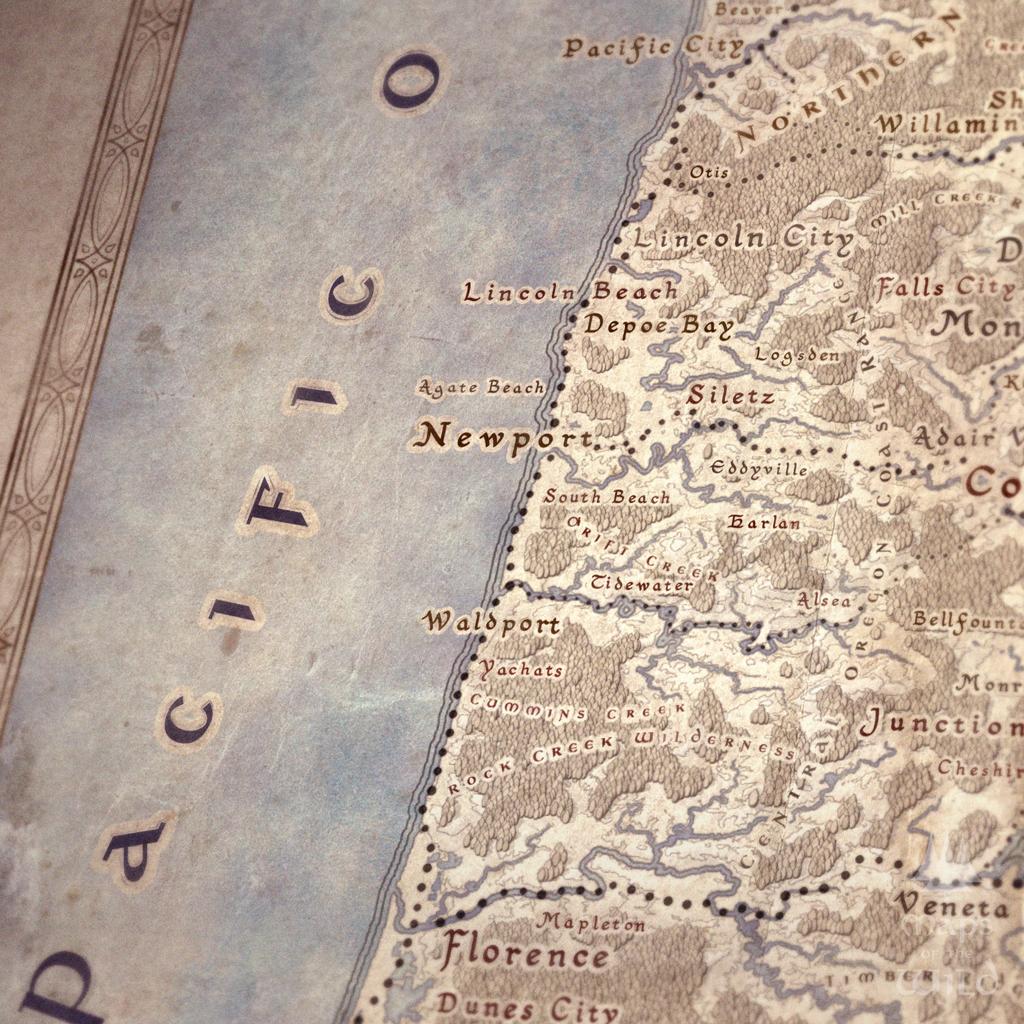 Oregon wall map done in fantasy art style for home and office decor.