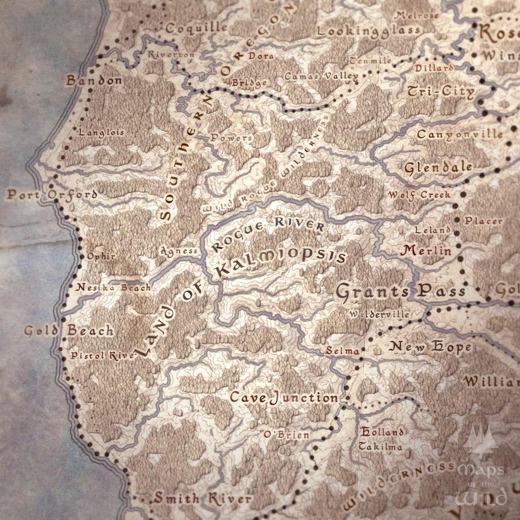 Oregon wall map done in fantasy art style for home and office decor.