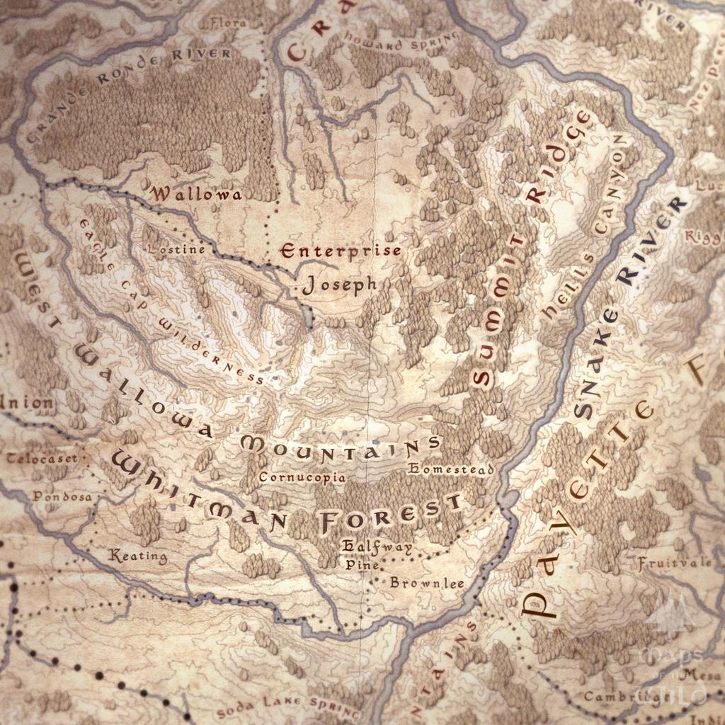 Oregon wall map done in fantasy art style for home and office decor.