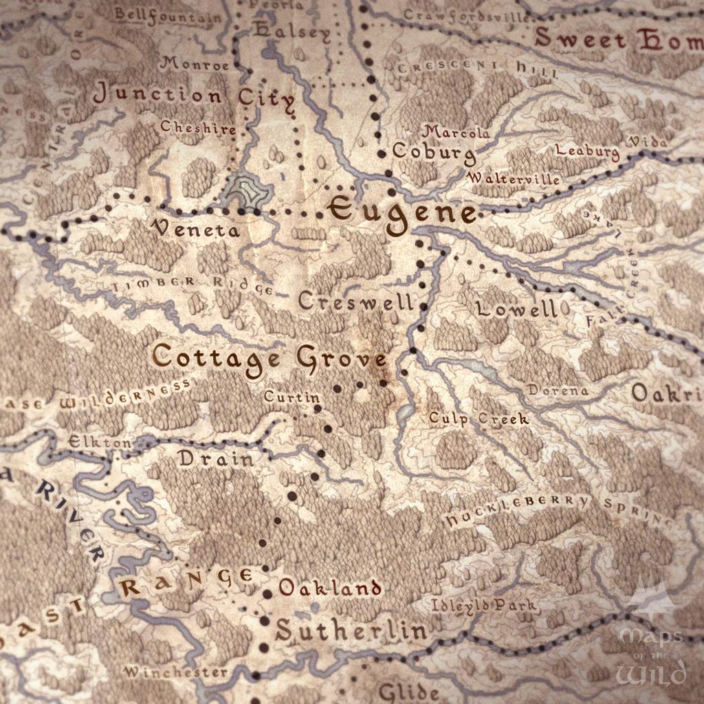 Oregon wall map done in fantasy art style for home and office decor.