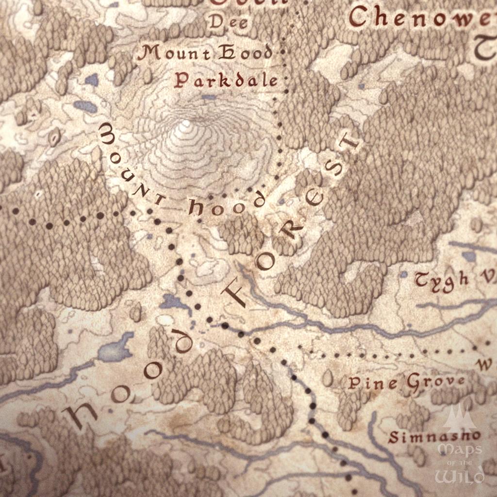 Oregon wall map done in fantasy art style for home and office decor.
