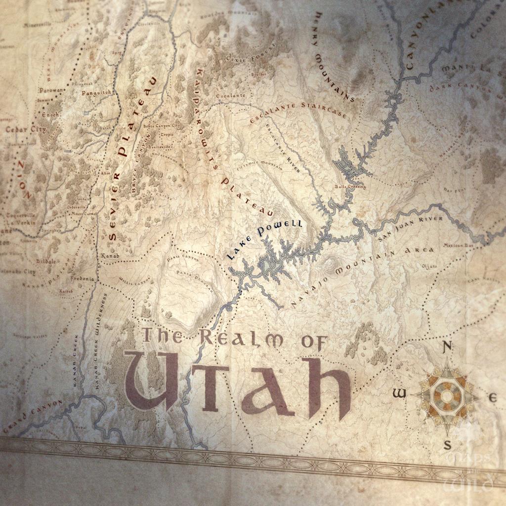 Utah wall map done in fantasy art style for home and office decor.