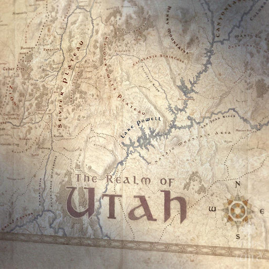 Utah wall map done in fantasy art style for home and office decor.