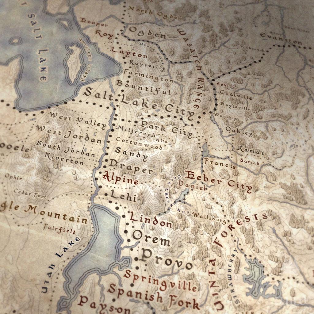 Utah wall map done in fantasy art style for home and office decor.
