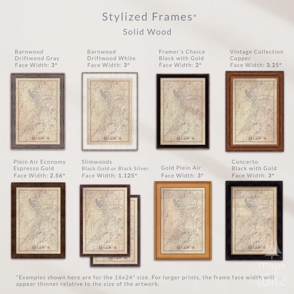Utah wall map done in fantasy art style for home and office decor.