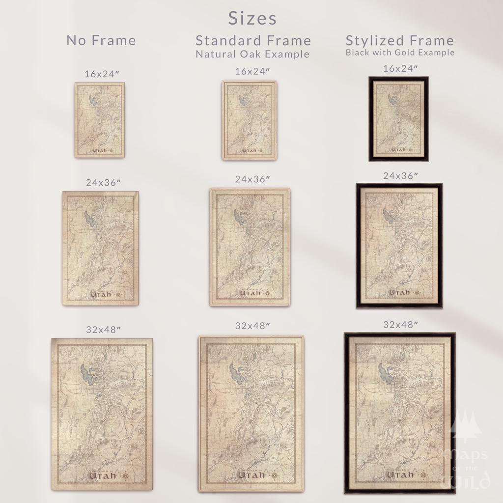 Utah wall map done in fantasy art style for home and office decor.