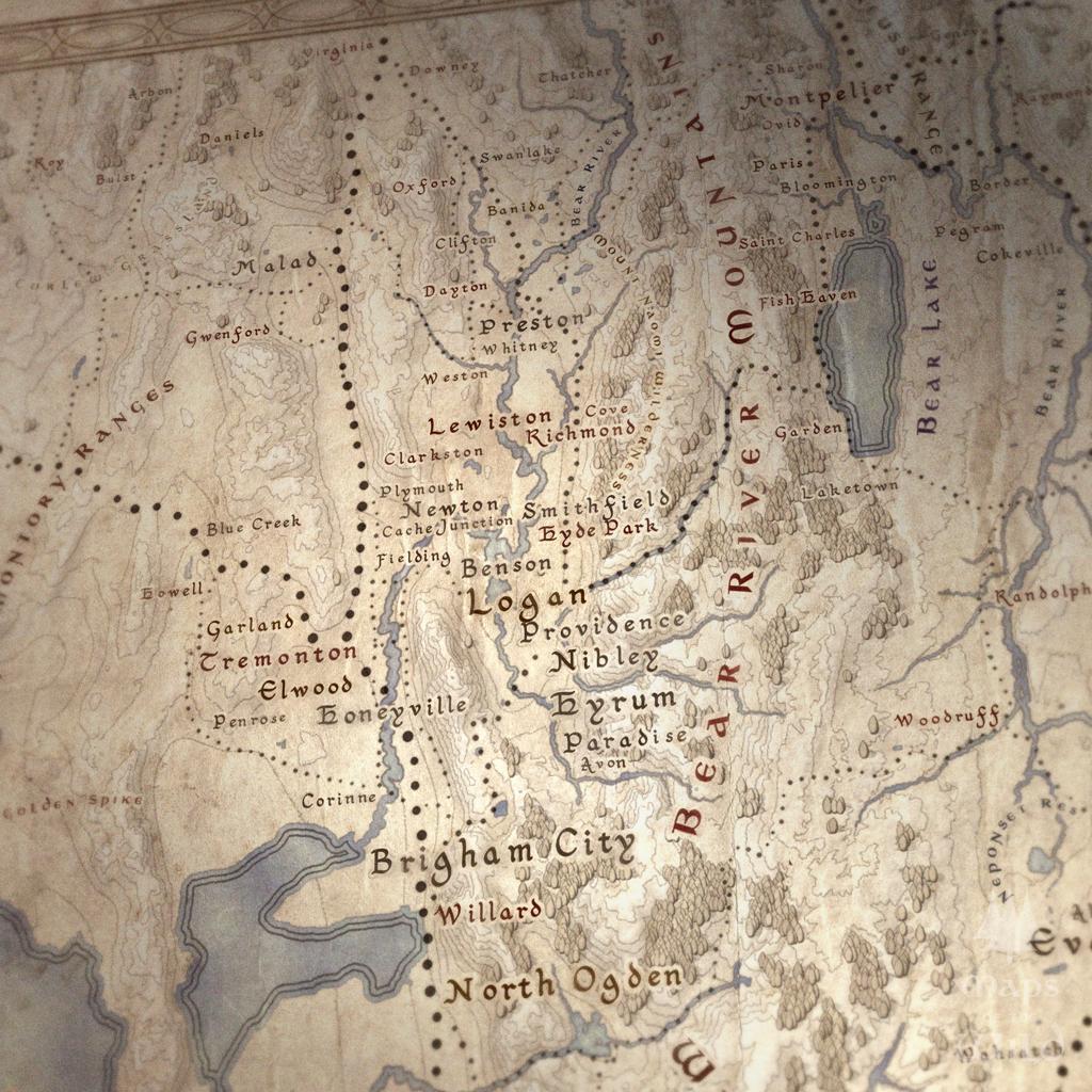 Utah wall map done in fantasy art style for home and office decor.