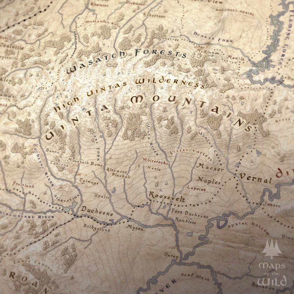 Utah wall map done in fantasy art style for home and office decor.