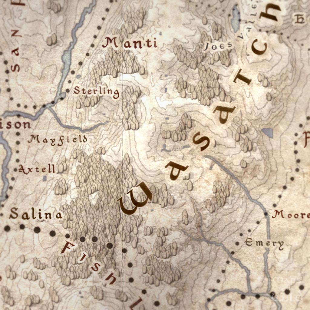 Utah wall map done in fantasy art style for home and office decor.