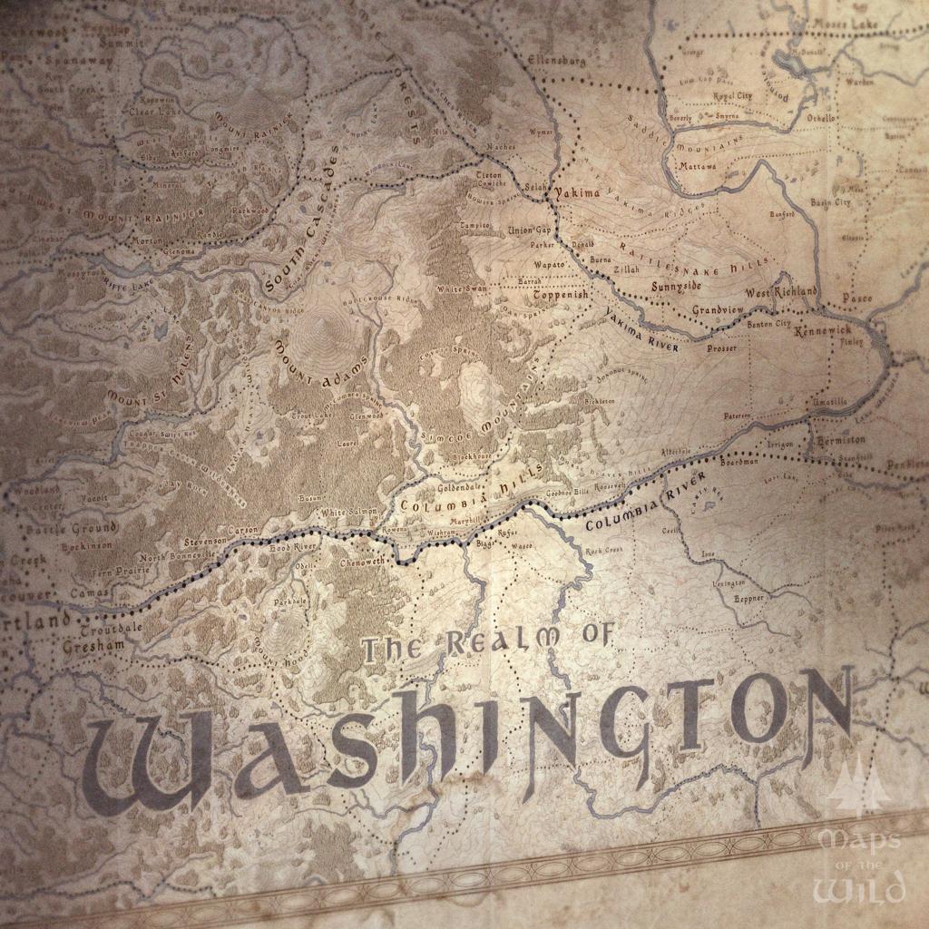 Washington wall map done in fantasy art style for home and office decor.