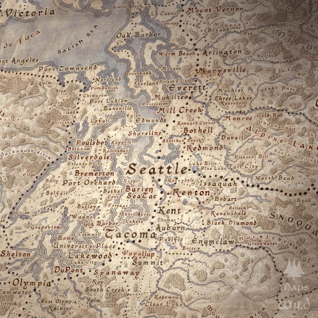 Washington wall map done in fantasy art style for home and office decor.