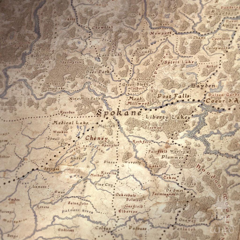 Washington wall map done in fantasy art style for home and office decor.