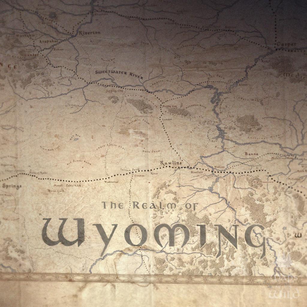 Wyoming wall map done in fantasy art style for home and office decor.