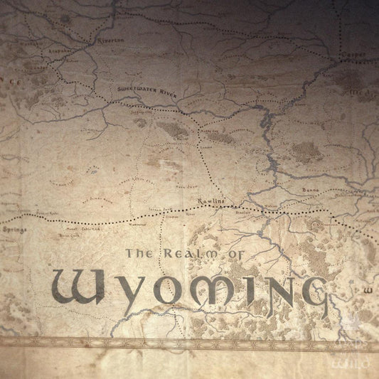 Wyoming wall map done in fantasy art style for home and office decor.