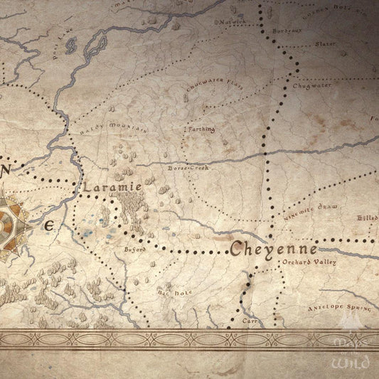 Wyoming wall map done in fantasy art style for home and office decor.