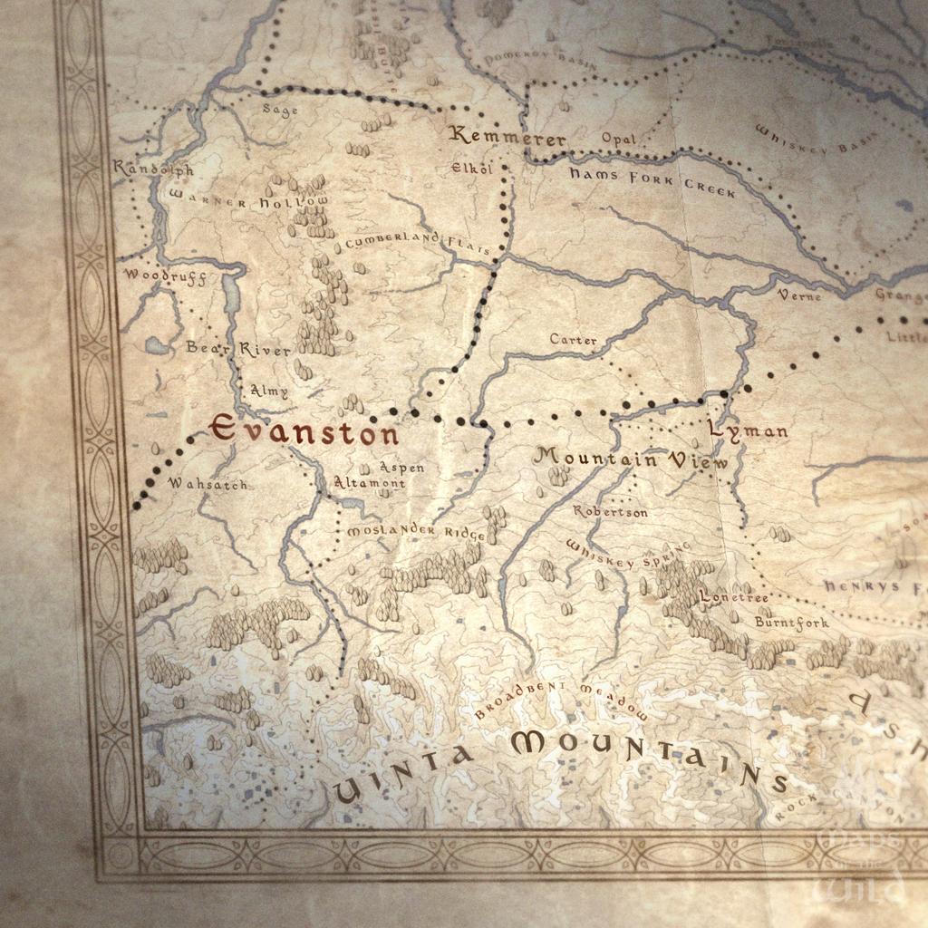Wyoming wall map done in fantasy art style for home and office decor.